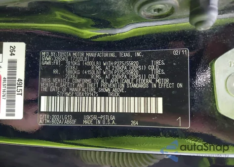 2011 Toyota Tundra Limited 5.7L V8 z USA, uszkodzony, nr VIN 5TFHW5F10BX191475